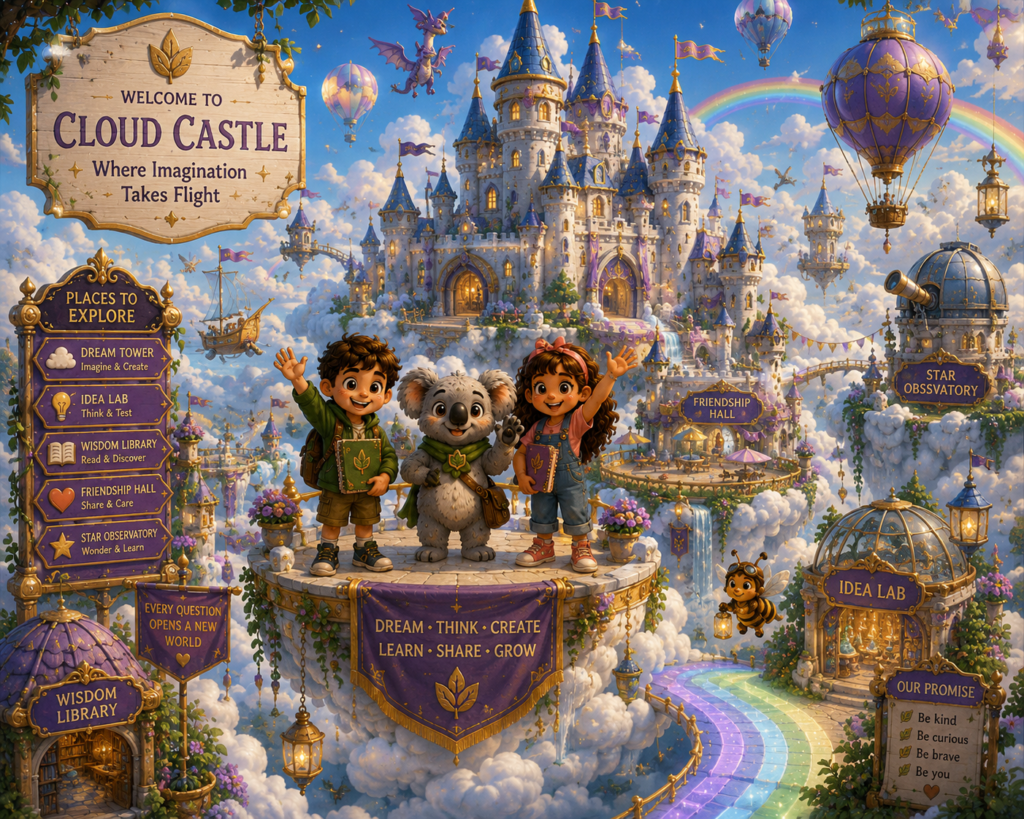 Cloud Castle floating above the mountains of Wonder World beneath a bright blue sky.