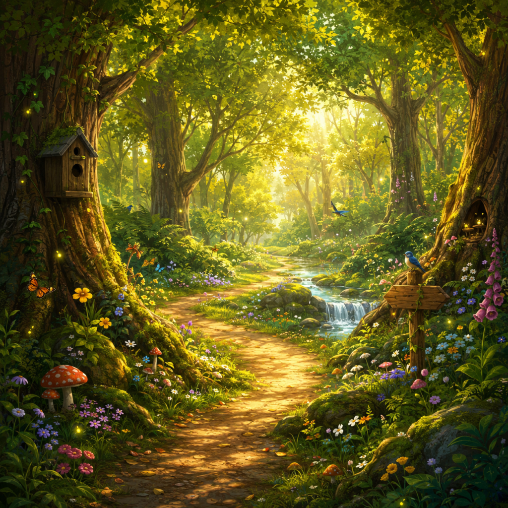 Sunlit Wonder Forest with a winding woodland path, wildflowers, mushrooms, butterflies, and a sparkling stream.