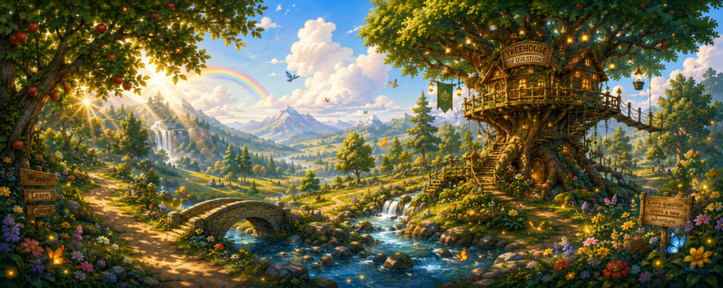 Panoramic view of Wonder World with the Treehouse of Questions, a stone bridge, flowing stream, apple trees, mountains, waterfalls and a rainbow.