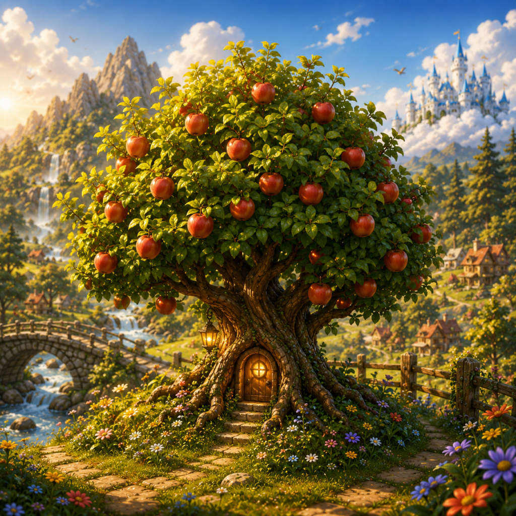 Magical apple tree in Wonder World surrounded by flowers, butterflies and a sunlit landscape.