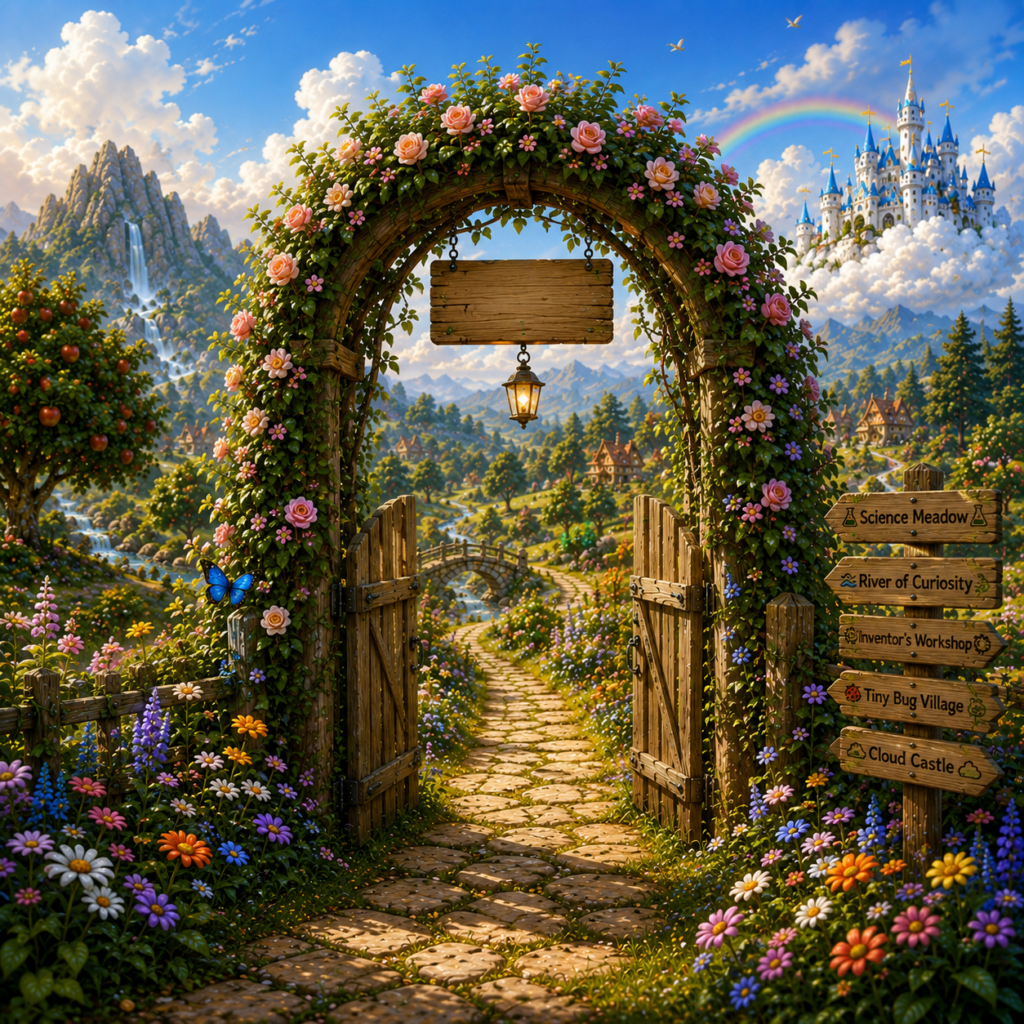 Flower-covered garden gate opening onto a winding path through Wonder World.