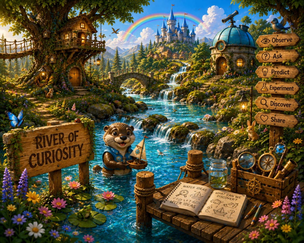 Sparkling River of Curiosity flowing through the magical Wonder World landscape.