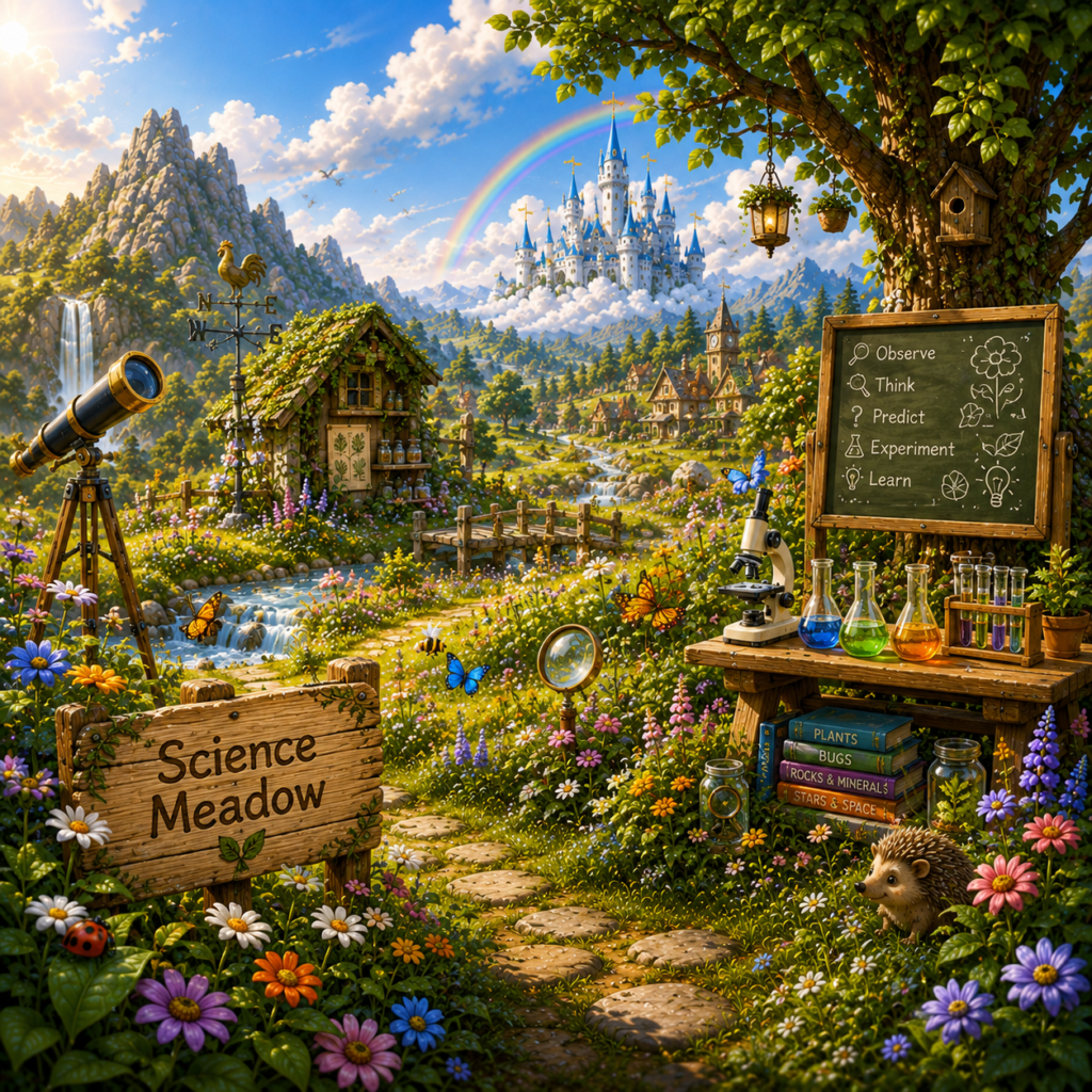 Science Meadow in Wonder World with outdoor experiments, nature tools and a blank chalkboard.