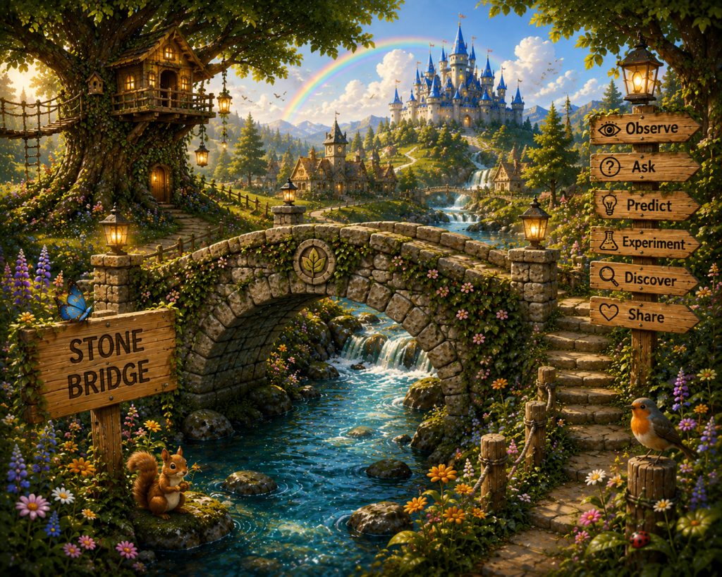 Ancient stone bridge crossing a clear river in the magical Wonder World landscape.