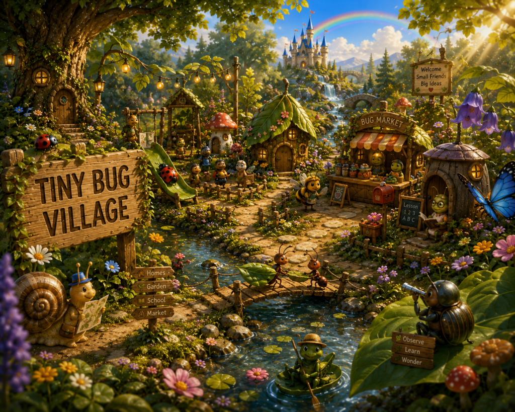 Tiny Bug Village hidden among flowers, leaves and winding paths in Wonder World.