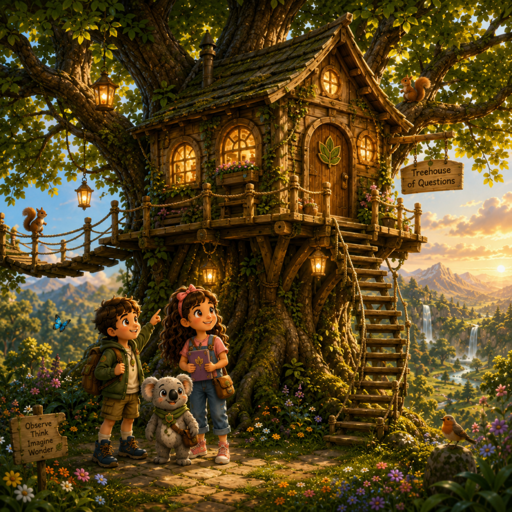 Magical treehouse in Wonder World surrounded by forest, flowers and warm glowing lights.