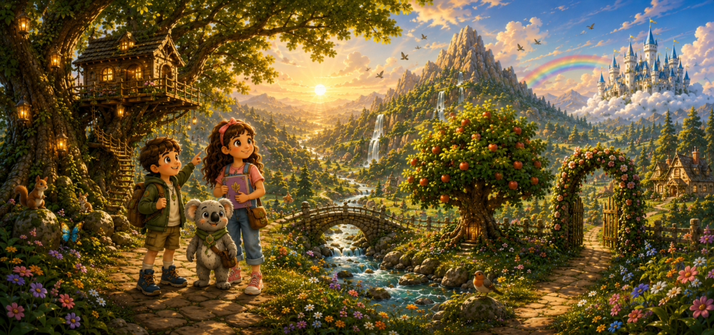Lucas & Amaïa Wonder World hero illustration showing the magical treehouse, forest, mountains and adventure landscape.