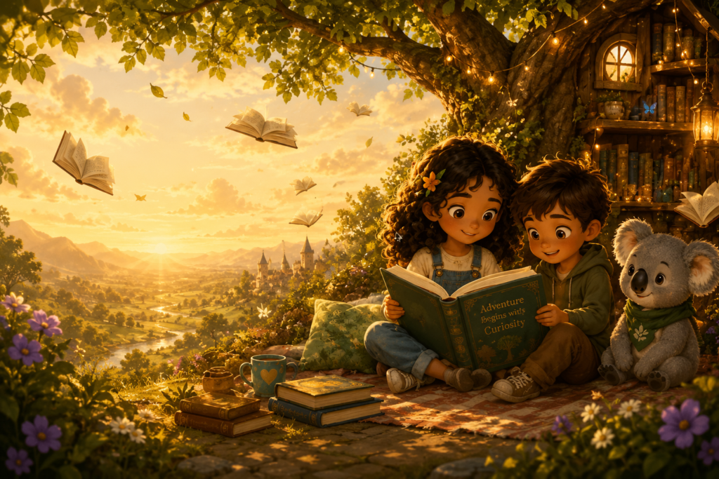 Lucas and Amaïa read a large storybook with Koa beneath a glowing treehouse at sunset, surrounded by floating books, flowers, lanterns, and a magical valley.