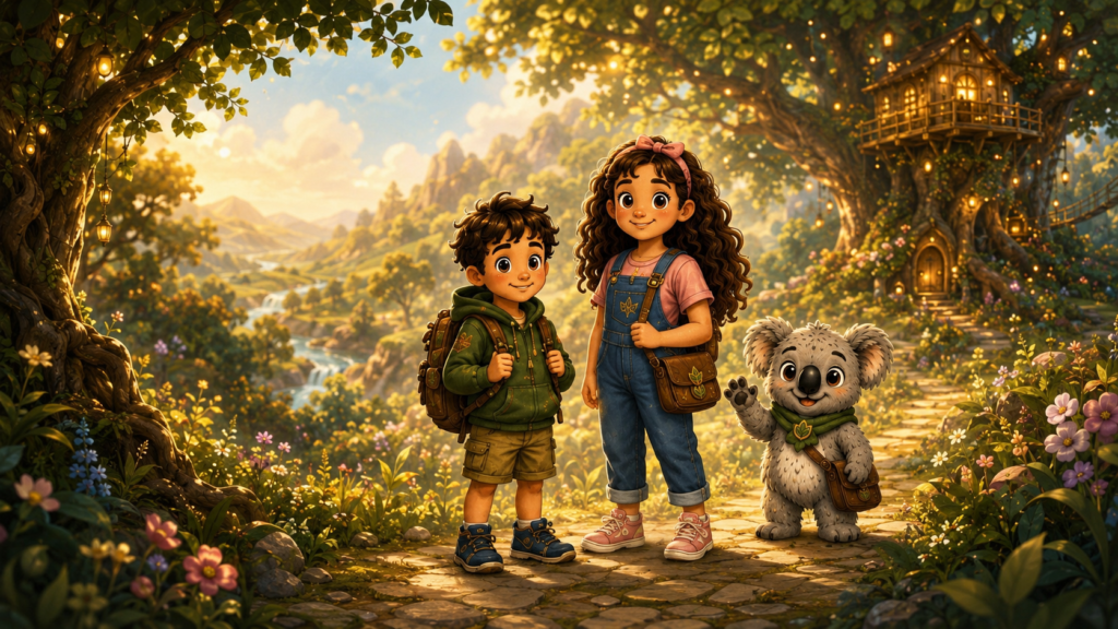 Amaïa, Lucas, and Koa standing together in a magical Wonder World forest clearing.